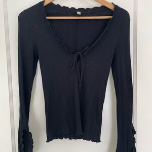 Free People Black Ribbed Tie-Front Blouse